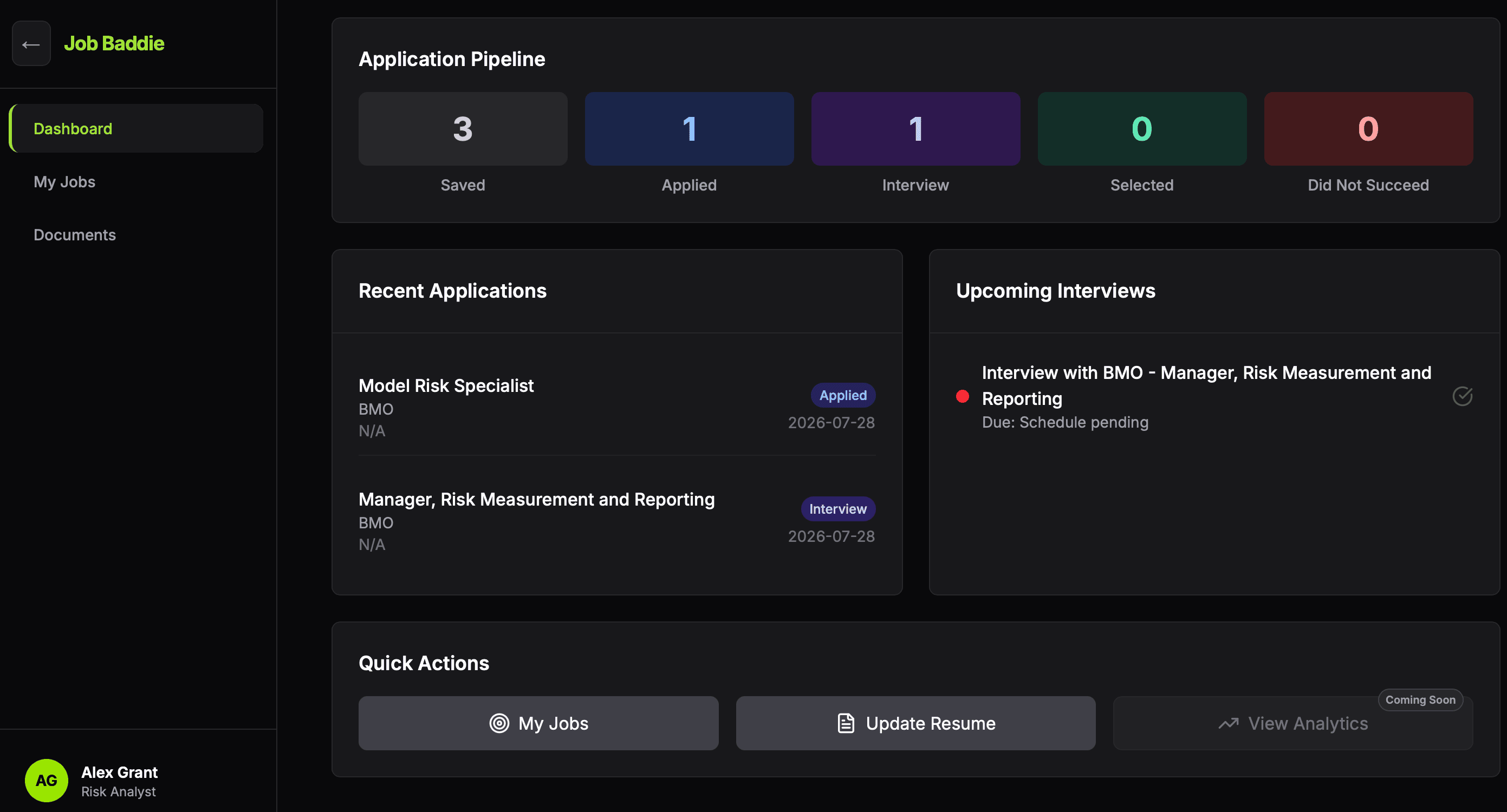 The Job Baddie dashboard, showing an application pipeline with jobs at each stage and a list of recent applications