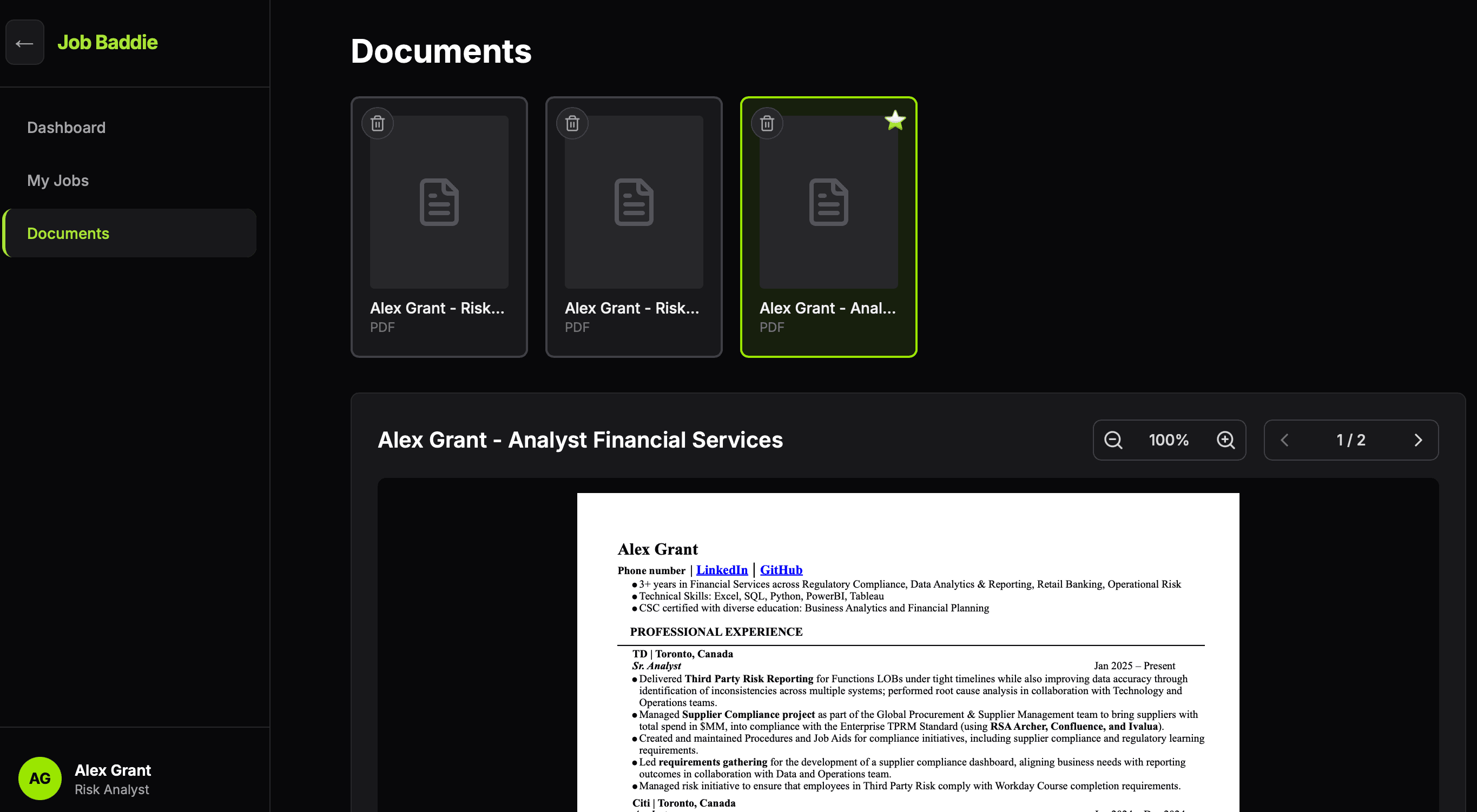 The Documents screen listing stored resumes with one open in the preview pane