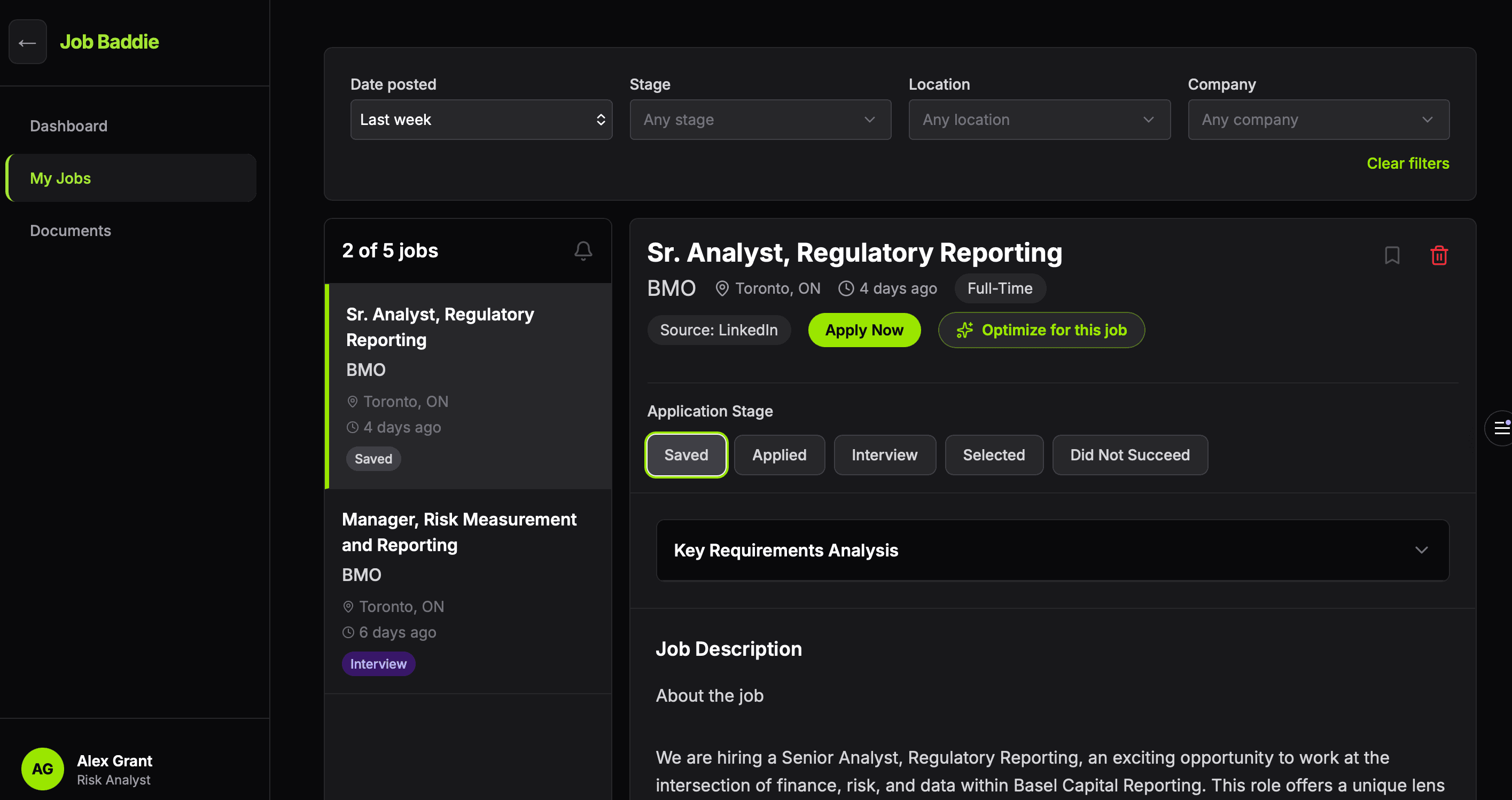 The My Jobs screen: filters across the top, a list of saved jobs, and one posting open with its application stage