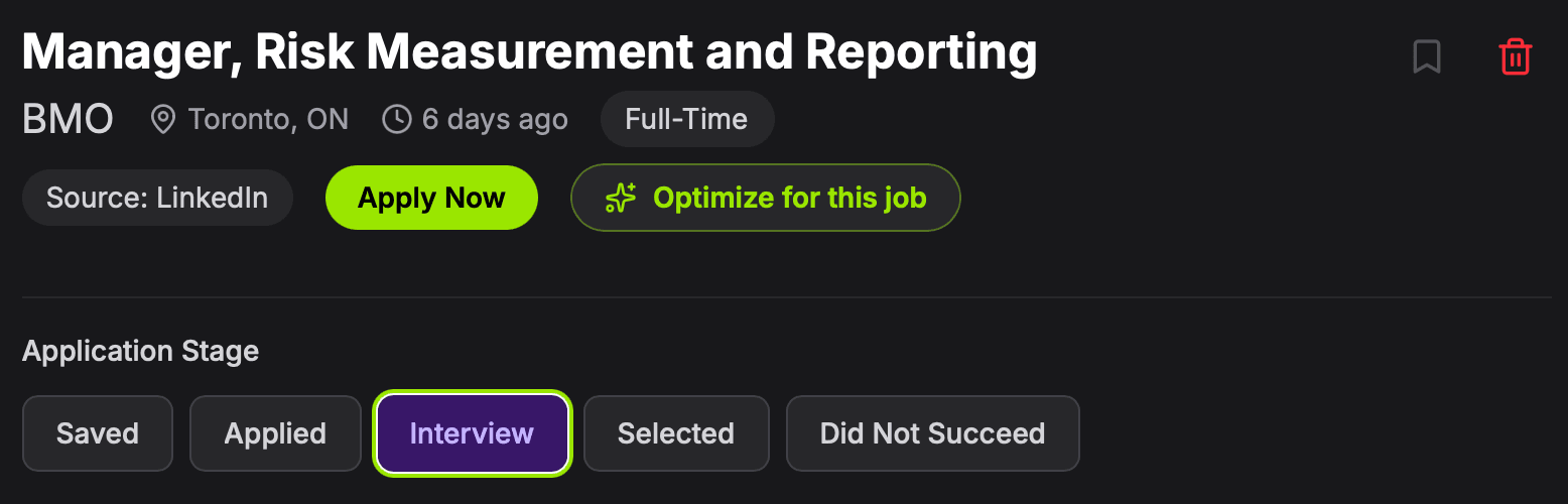 A saved job with its application stage set to Interview