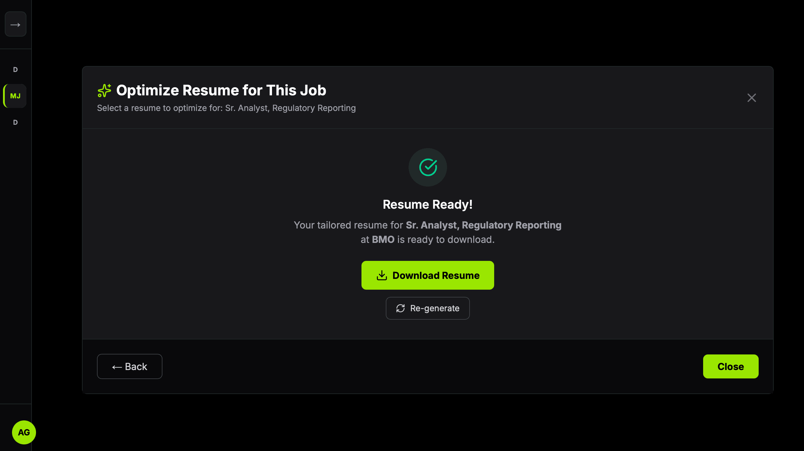 A tailored resume finished and ready to download for a specific role at a specific company