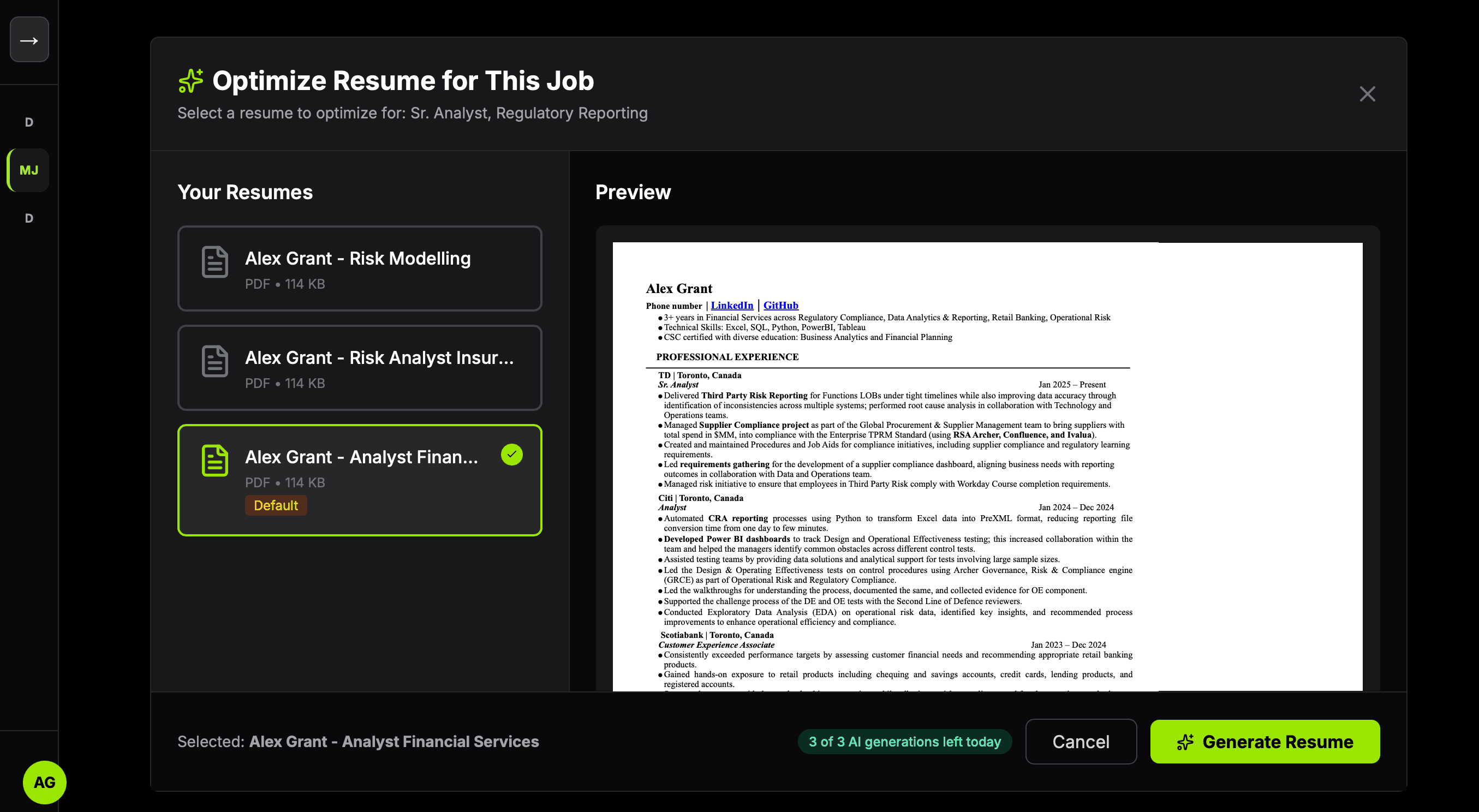 Choosing which saved resume to tailor for a job, with a preview of the selected file